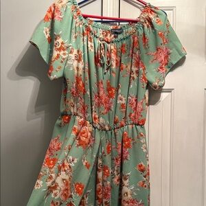 Scarlett Mint Green Floral Off-Shoulder Dress with Coral and Cream Flowers
